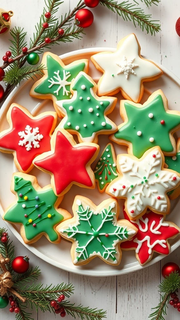 A plate of colorful Christmas cookies in festive shapes with icing and sprinkles, set against a holiday backdrop.